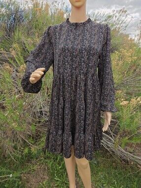 Molly Bracken Floral Black Long Sleeve Tiered Mini Dress